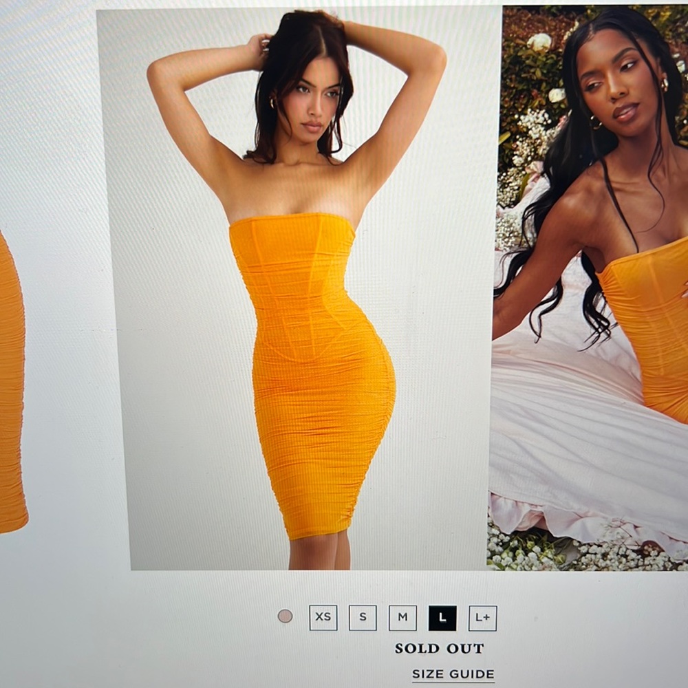House of CB Julianna tangerine strapless ruched midi dress